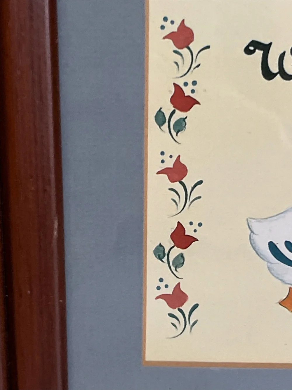 Wooden Framed Folk Art Blue Geese Welcome Friends Pennsylvania Dutch Americana